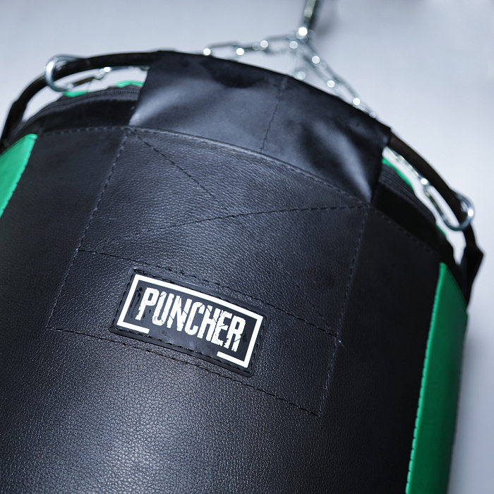 Мешок боксёрский цилиндрический 140х40 см (искожа) цвет чёрно-зелёный, вставка гильза ППУ + подвесно
