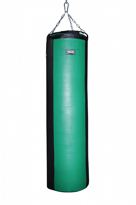Мешок боксёрский цилиндрический 140х40 см (искожа) цвет чёрно-зелёный, вставка гильза ППУ + подвесно